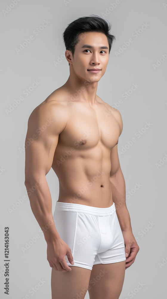 Fototapeta premium The handsome Asian male in white swimming pant