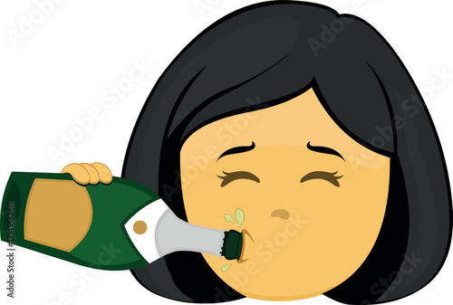 vector illustration yellow emoji face character woman cartoon, drinking champagne or cider from the bottle