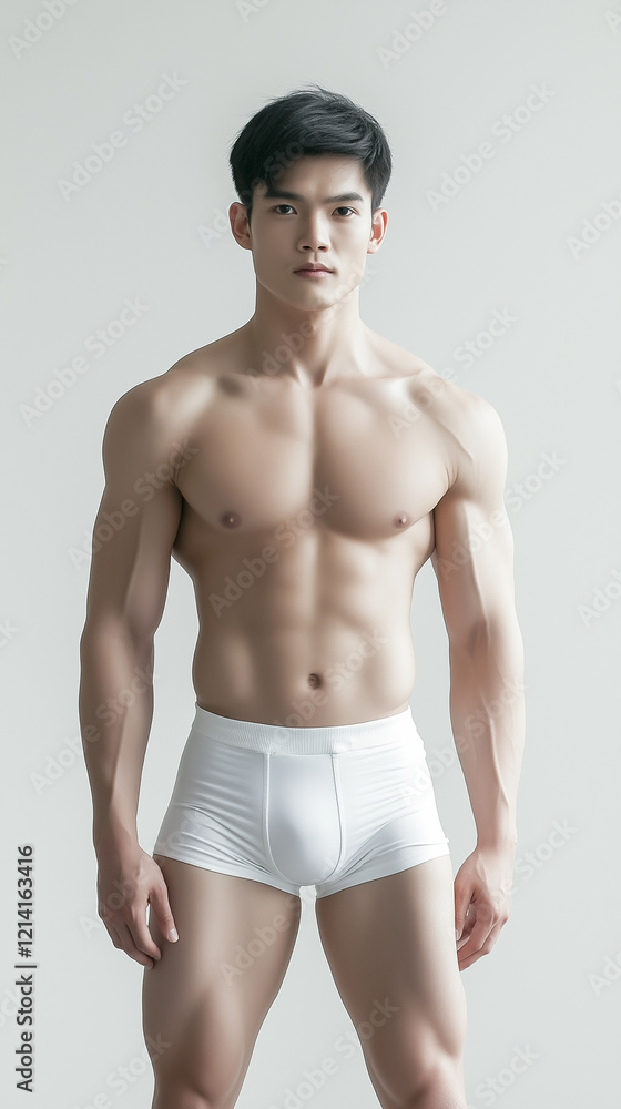 Fototapeta premium The handsome Asian male in white swimming pant