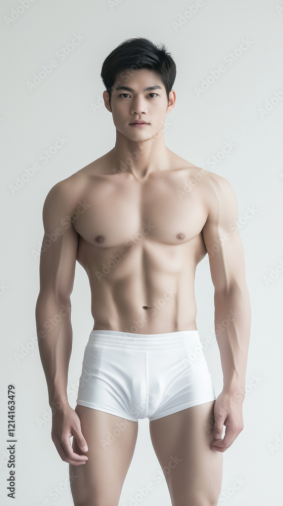 Fototapeta premium The handsome Asian male in white swimming pant