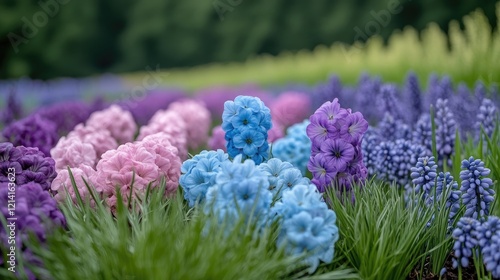 Colorful spring flowers blooming in field, blurred background photo