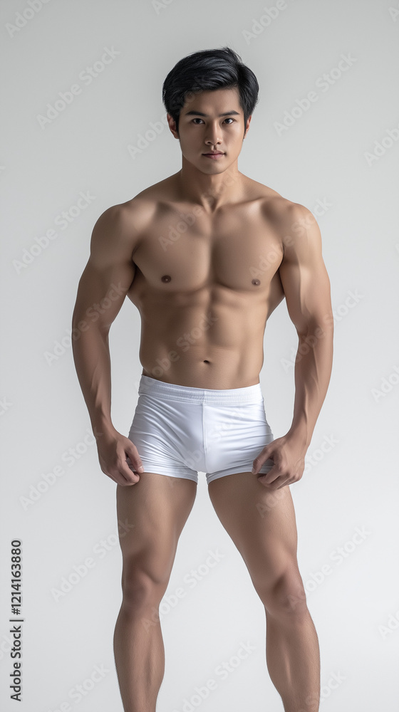 The handsome Asian male in white swimming pant The handsome Asian male in white swimming pant