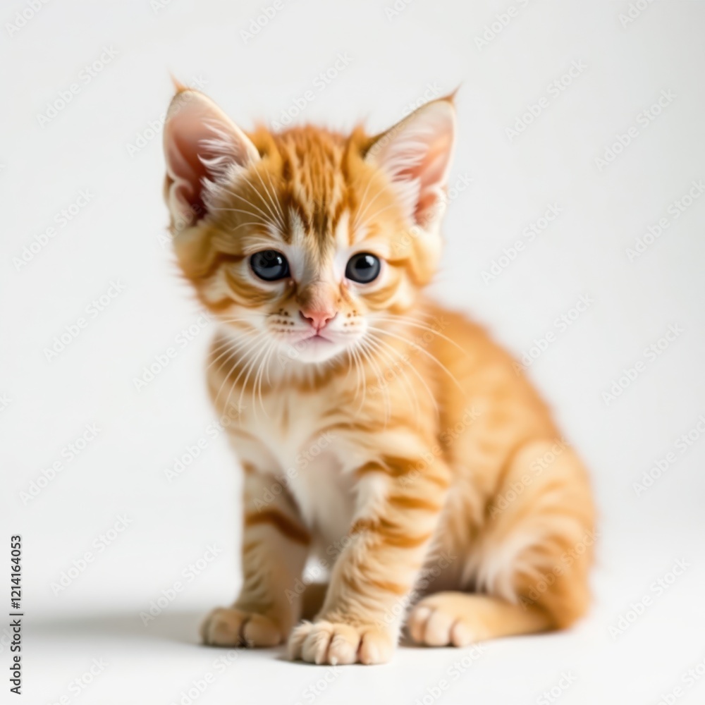 Fototapeta premium Tiny orange tabby kitten, pure white background , white, playful