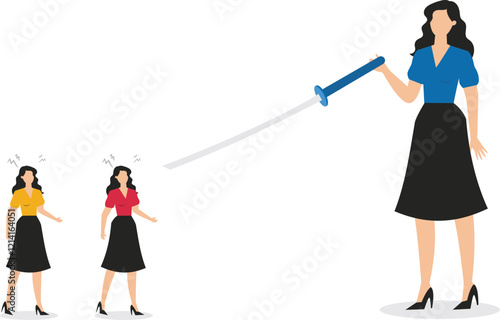 Violence and threats, workplace office bullying, office politics, difficult business relationships, big businesswomen pointing swords at small businessmen and making threats