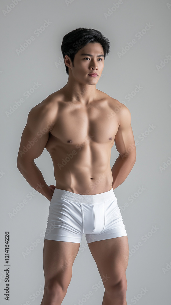 Fototapeta premium The handsome Asian male in white swimming pant