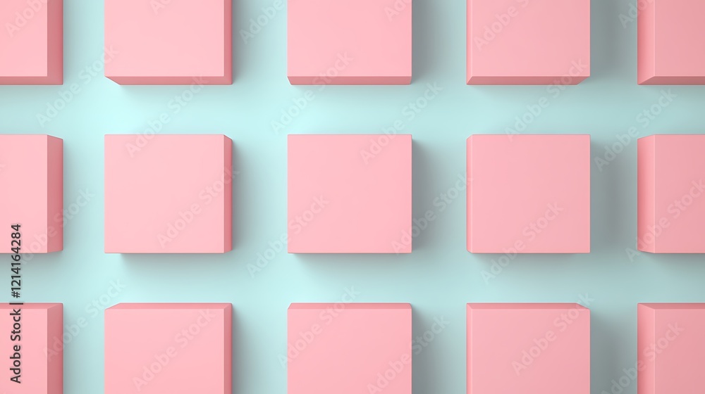 Pastel Pink Square Blocks Arranged in a Modern and Minimalist Pattern on a Soft Blue Background Pastel Pink Square Blocks Arranged in a Modern and Minimalist Pattern on a Soft Blue Background