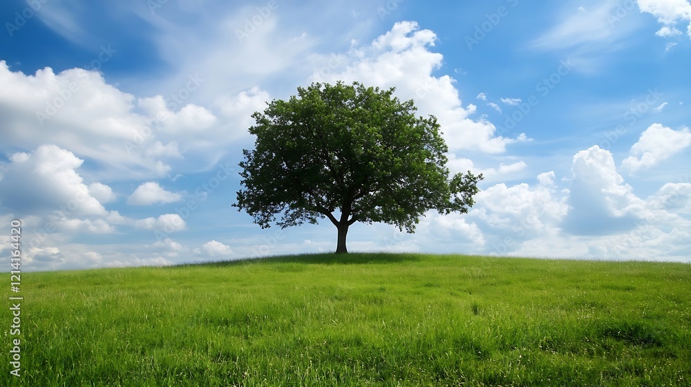 Fototapeta premium Lone Oak Tree on Green Hill Against Vibrant Blue Sky and White Clouds : Generative AI