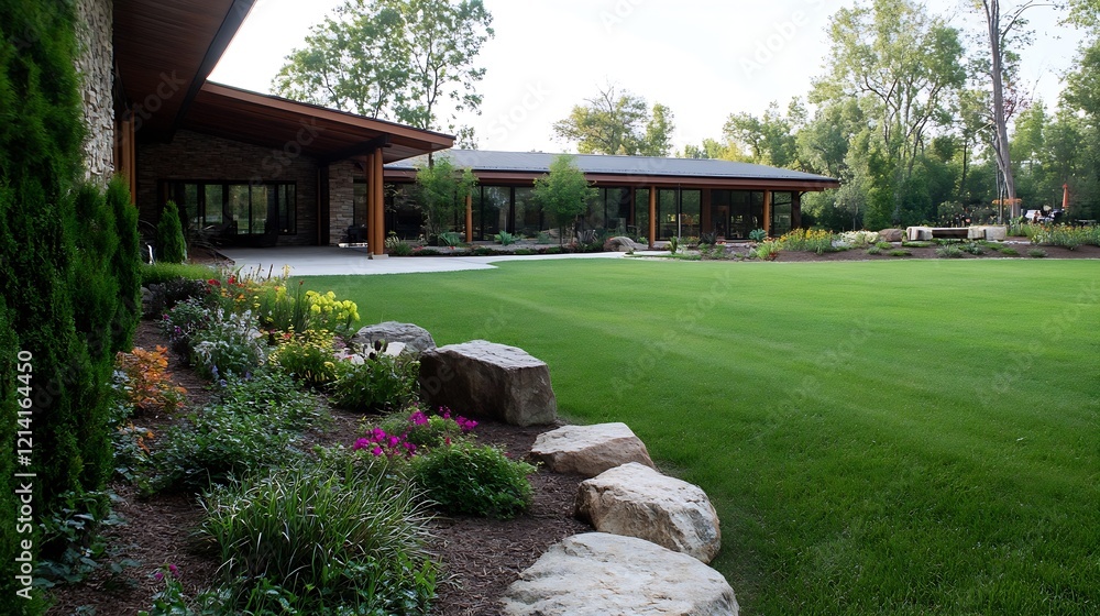 Fototapeta premium Expansive and Elegant House Exterior with Lush Green Lawn and Landscaping : Generative AI