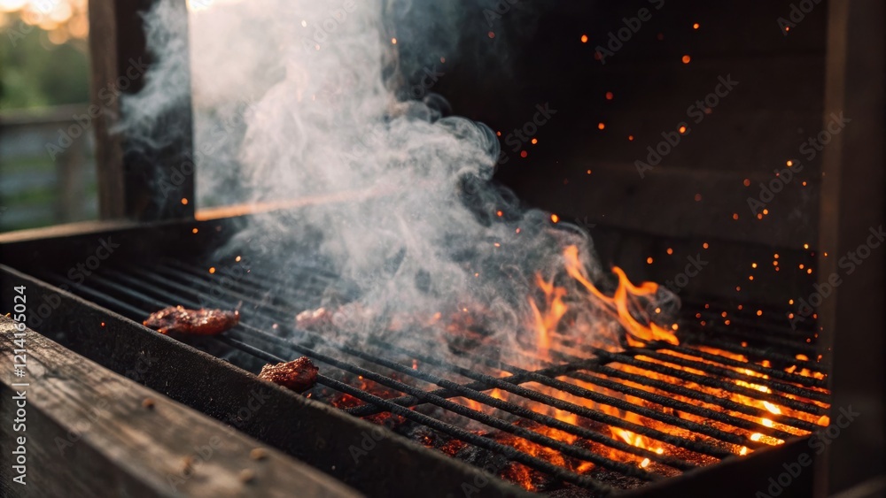air pollution PM2.5 concept, Grilling meat with smoke and fire in the background air pollution PM2.5 concept, Grilling meat with smoke and fire in the background