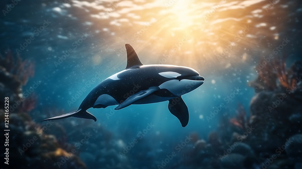 Fototapeta premium Orca swimming coral reef ocean sun