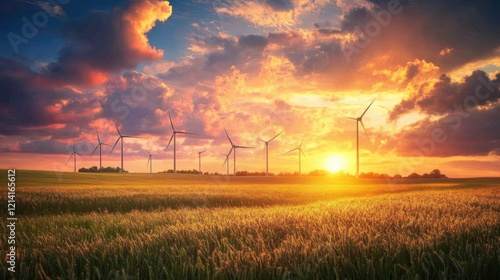 Sunset over wind turbines in a golden field