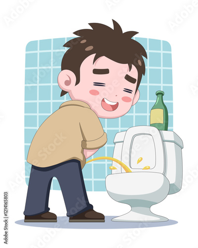 Cute style drunk man peeing in toilet cartoon illustration