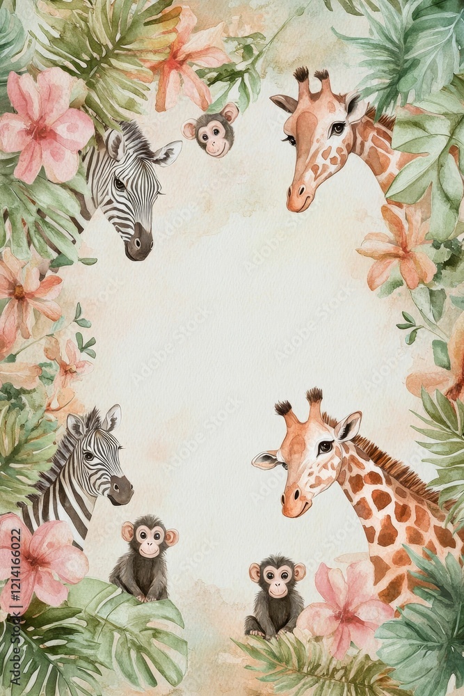 Watercolor animals, leaves, and flowers frame blank space. Watercolor animals, leaves, and flowers frame blank space.