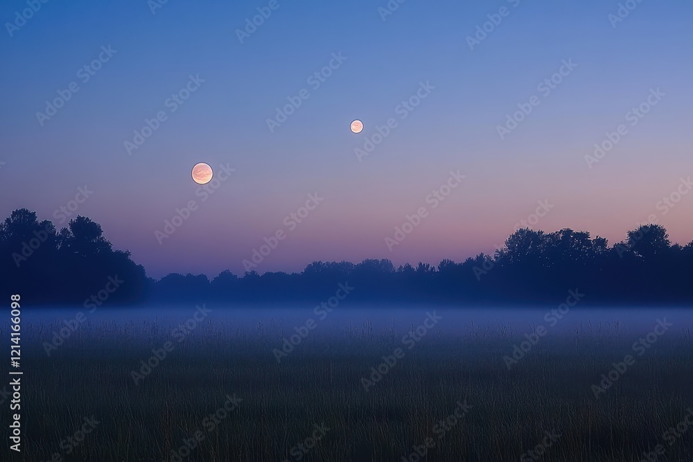 Dusk, foggy field, double moon, celestial event, peaceful landscape Dusk, foggy field, double moon, celestial event, peaceful landscape