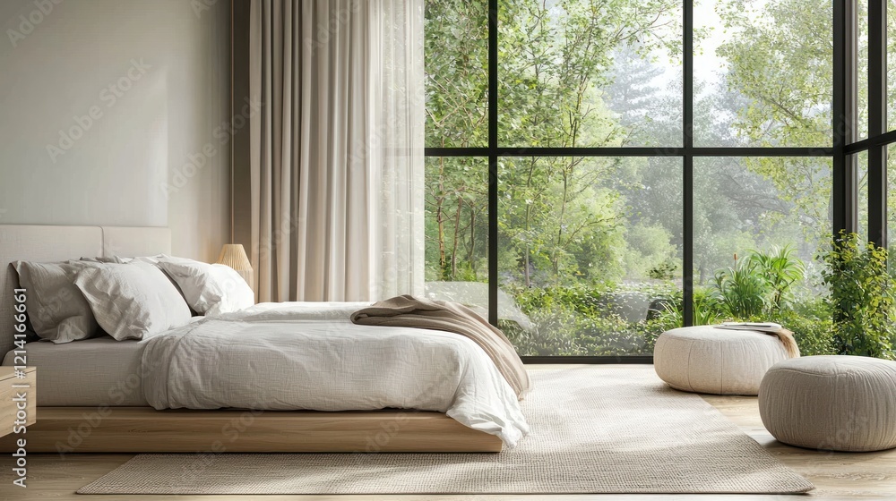 Fototapeta premium A serene bedroom with minimalistic design, neutral tones, and large windows overlooking a garden.