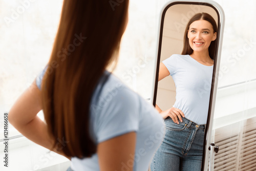 Smiling Girl Looking At Mirror After Slimming Happy About Dieting Result Standing Indoors. Weight Loss. Selective Focus Free Download Smiling Girl Looking At Mirror After Slimming Happy About Dieting Result Standing Indoors. Weight Loss. Selective Focus - GFXLoad