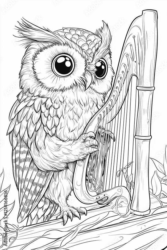 Naklejka premium Owl Playing Harp Coloring Page for Kids