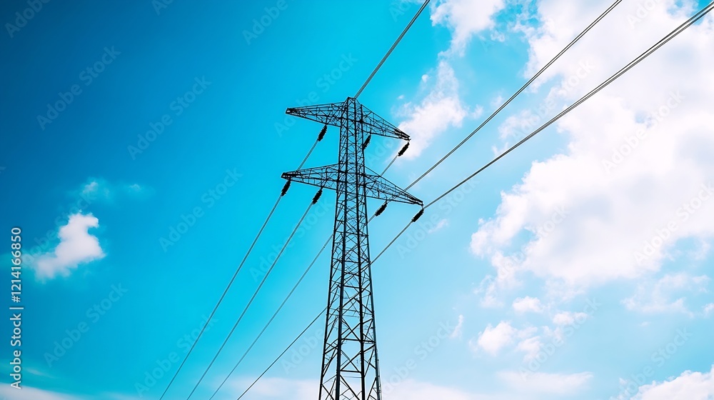 Modern Electrical Transmission Tower Against Bright Blue Sky with Fluffy Clouds : Generative AI Modern Electrical Transmission Tower Against Bright Blue Sky with Fluffy Clouds : Generative AI