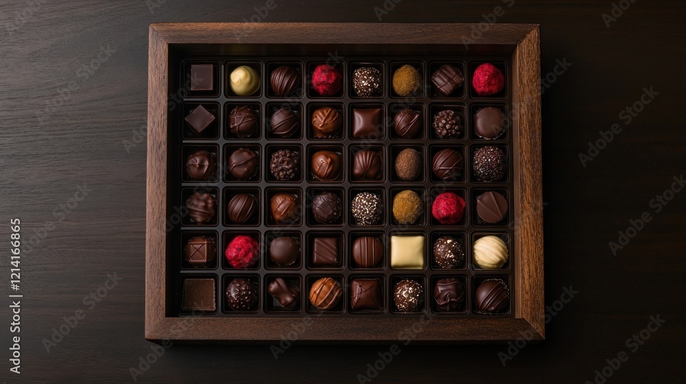 A Wooden Box Filled with an Assortment of Gourmet Chocolates in Various Shapes and Colors A Wooden Box Filled with an Assortment of Gourmet Chocolates in Various Shapes and Colors