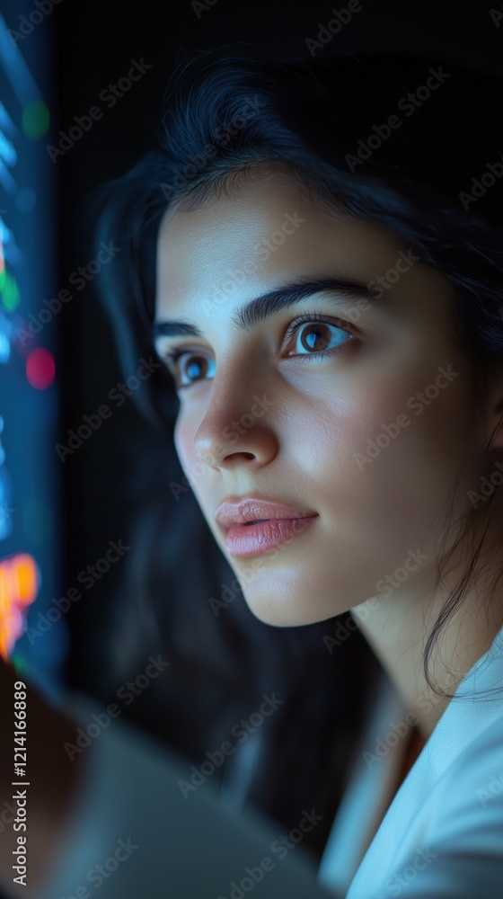 Fototapeta premium A woman focuses intently as she engages with colorful data on a digital display, surrounded by low light