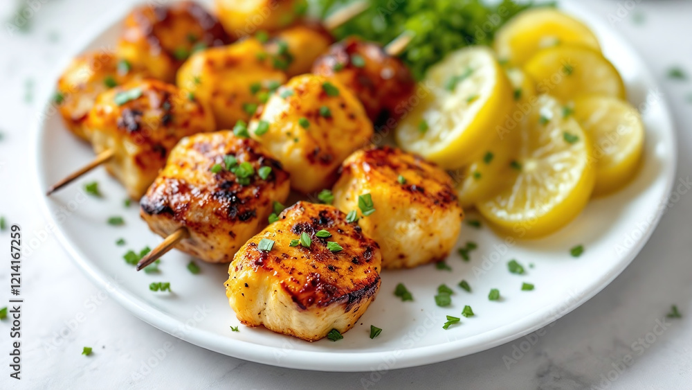 Spring kebab skewers served with lemon slices and fresh herbs on a white plate. Spring kebab skewers served with lemon slices and fresh herbs on a white plate.