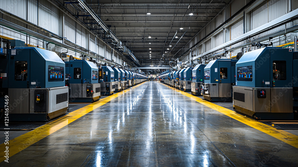 Obraz premium Factory assembly line with cutting-edge machinery, polished surfaces reflecting sharp light.