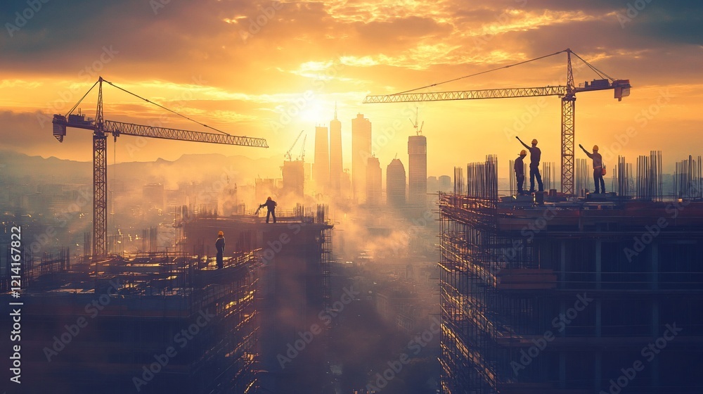 Construction workers on a highrise building at sunset, overlooking a cityscape. Construction workers on a highrise building at sunset, overlooking a cityscape.