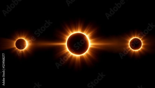 Phases of a solar eclipse showcasing the sun's bright corona against a black background
