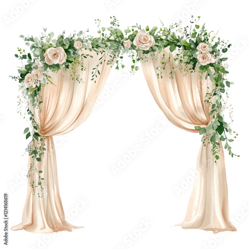 Watercolor wedding arch with greenery and flowers, beige curtains, isolated on a white background