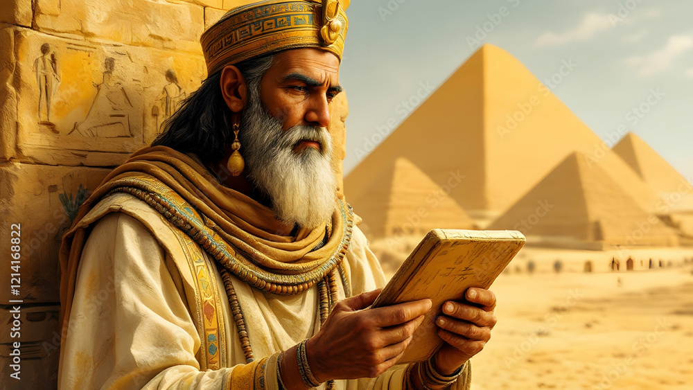 Fototapeta premium Ancient Pharaoh Reading Near the Pyramids of Giza