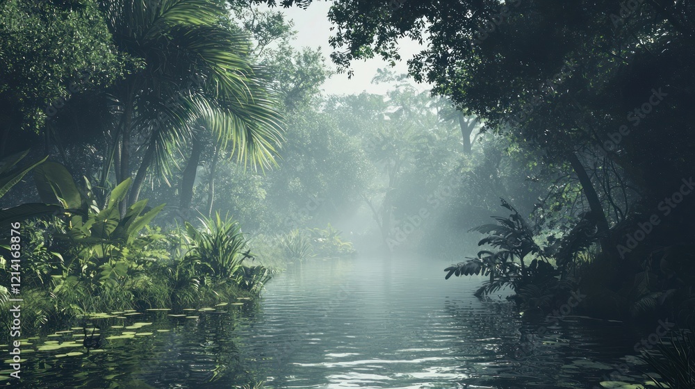 Fototapeta premium A serene tropical jungle background with mist hovering above the forest floor.