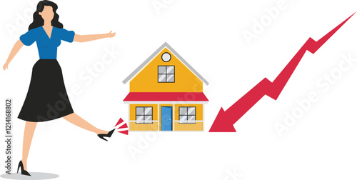 Negative real estate industry, the risks and crises of home mortgage and home price problems, dissatisfied with falling home prices, cranky businesswomen kicking away homes