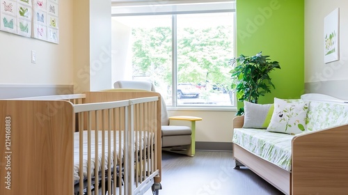 Modern Nursery Interior with Green Accents and Natural Light for a Cozy Atmosphere : Generative AI
