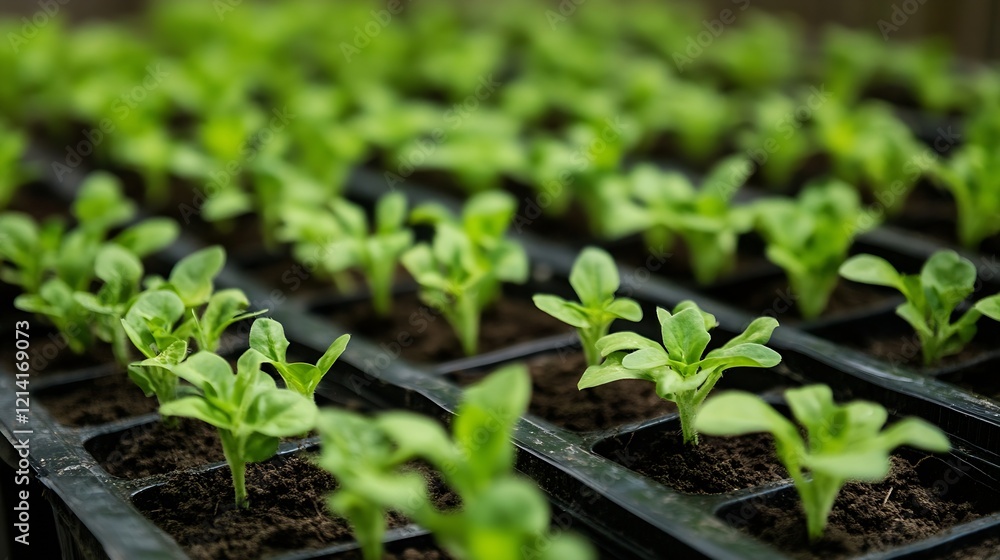 Young Seedlings Growing in Rows in EcoFriendly Plant Nursery : Generative AI Young Seedlings Growing in Rows in EcoFriendly Plant Nursery : Generative AI
