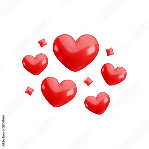 Vector 3d red hearts with sparkles composition on white background. Cute realistic cartoon 3d love concept, red heart balloons render illustration for Valentines day greeting, Mothers Day, nursery