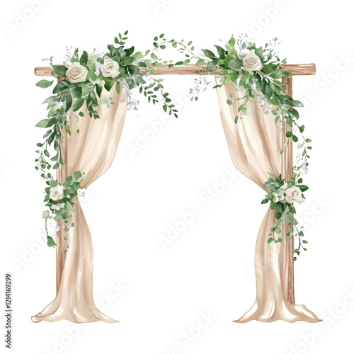 Watercolor wedding arch with greenery and flowers, beige curtains, isolated on a white background