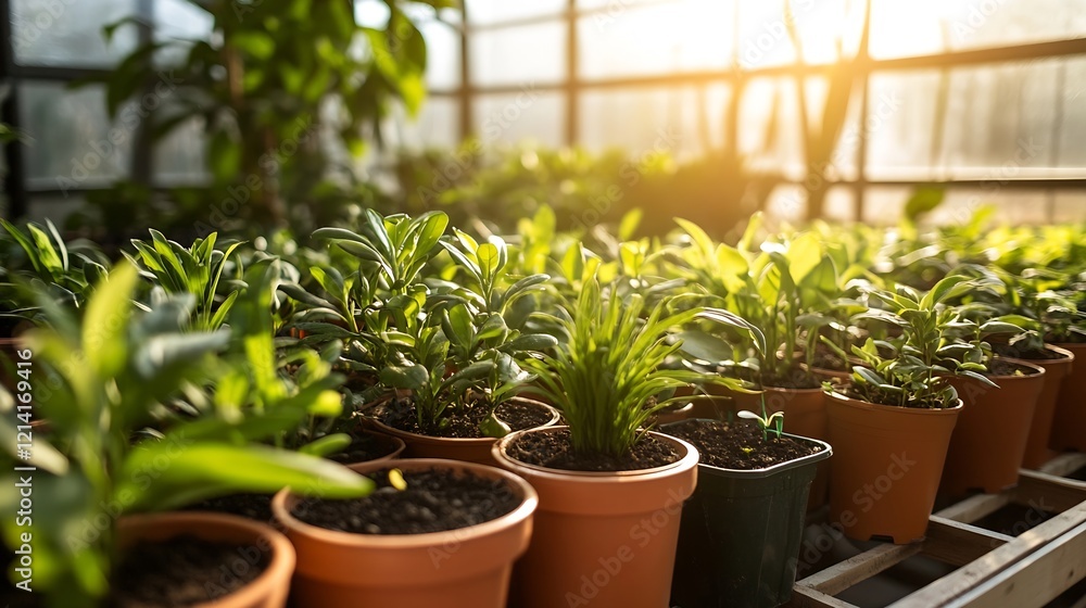 Serene Greenhouse With Rows of Potted Plants in Natural Sunrise Lighting : Generative AI Serene Greenhouse With Rows of Potted Plants in Natural Sunrise Lighting : Generative AI