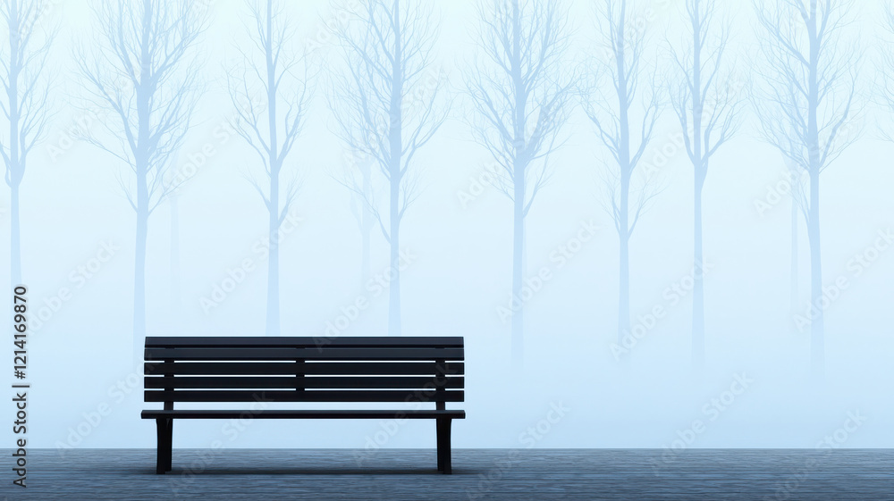 The PM 2.5 Pollution Crisis Themed, park bench in foggy city park surrounded by bare trees evokes tranquility The PM 2.5 Pollution Crisis Themed, park bench in foggy city park surrounded by bare trees evokes tranquility