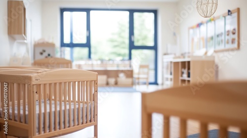 Bright and Modern Kindergarten Classroom with Natural Light and Wooden Furniture : Generative AI