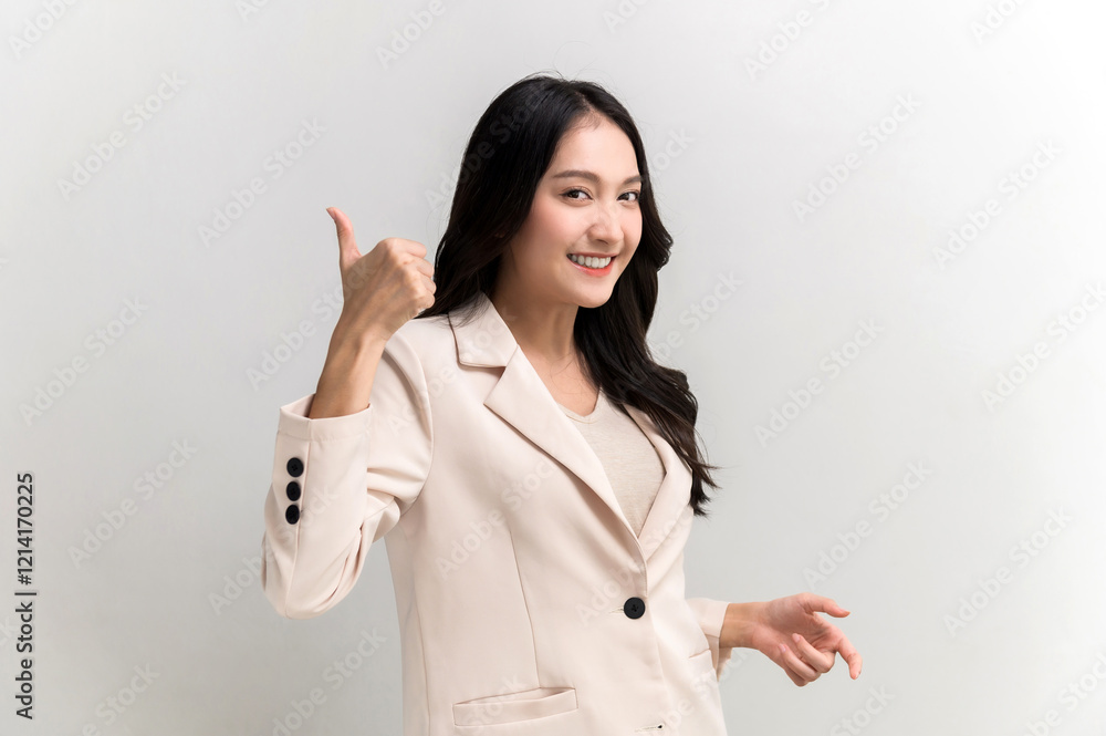 Beautiful young Asian woman pointing up to copy space and looking at camera with smile face and happy Pretty girl act like a satisfied product, use for advertising with isolated on white backgroundใ