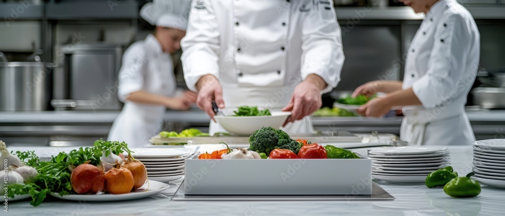 A chef preparing fresh vegetables in a professional kitchen for a gourmet meal. A chef preparing fresh vegetables in a professional kitchen for a gourmet meal.
