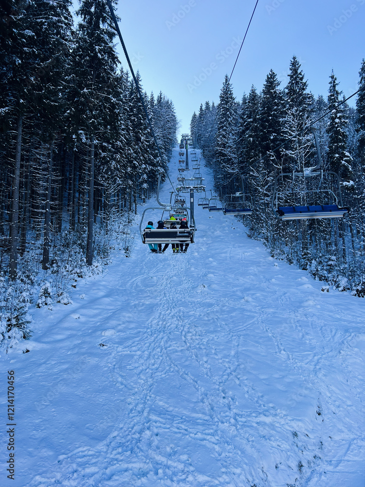 Chairlift ascending above a snow-covered forested ski slope during winter Chairlift ascending above a snow-covered forested ski slope during winter