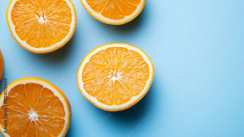 Fototapeta premium Freshly Cut Oranges on a Vibrant Blue Background Ready for Refreshing Food and Beverage Visuals : Generative AI