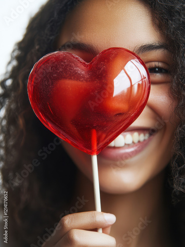 Close up portrait of a happy young woman with a red valentine love heart lollipop
