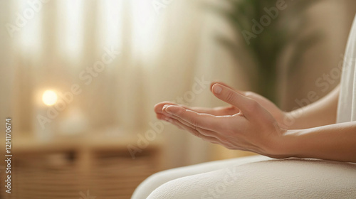A close-up of relaxed open hands resting in a meditative pose against a softly lit background with warm candlelight and gentle curtains  
