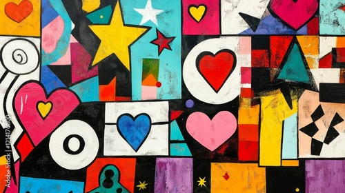 Colorful abstract shapes with hearts and stars.