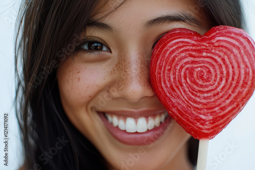 Close up portrait of a happy young woman with a red valentine love heart lollipop