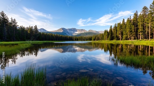 Serene Mountain Lake Reflecting Pine Trees Under a Clear Blue Sky : Generative AI