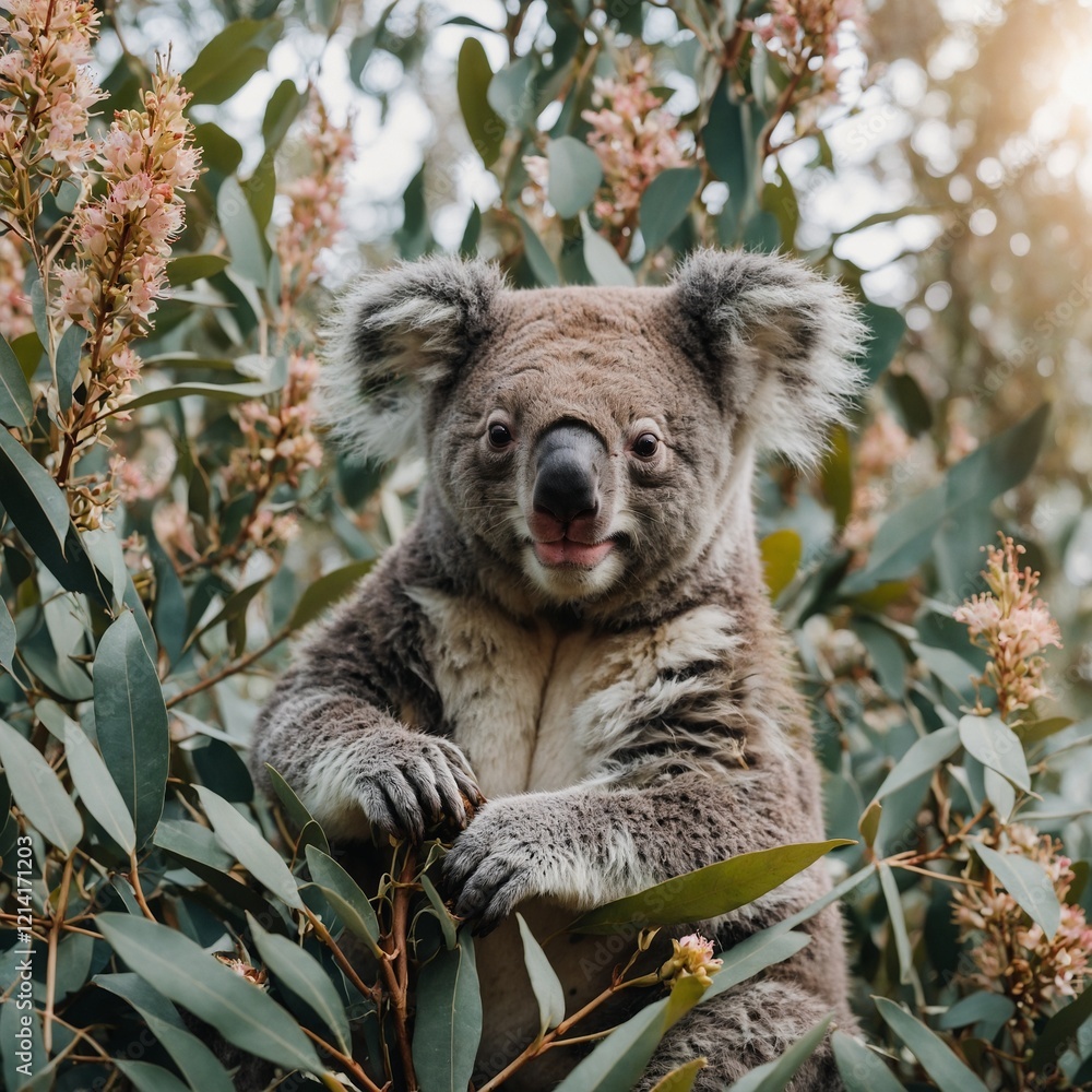 Fototapeta premium A gentle koala sitting in a flowering eucalyptus tree in a bright garden.