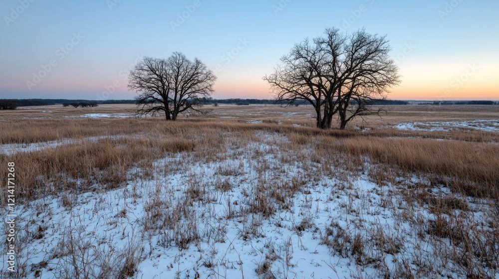 Winter sunset over prairie, two bare trees, snow-dusted grass, peaceful landscape, nature background Winter sunset over prairie, two bare trees, snow-dusted grass, peaceful landscape, nature background